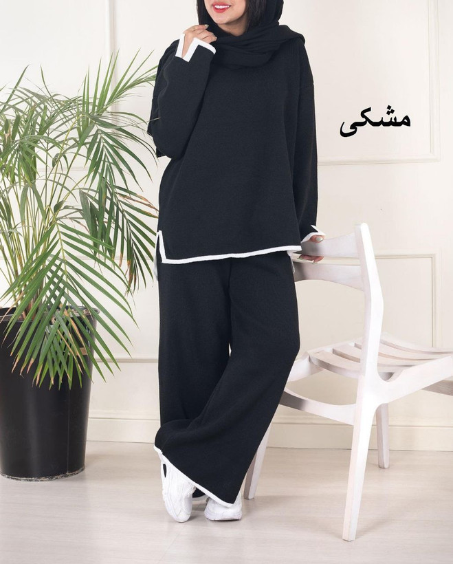 ست بافت بلوز و شلوار اینترسیاهی پایین خط دار سایز 38 تا 48